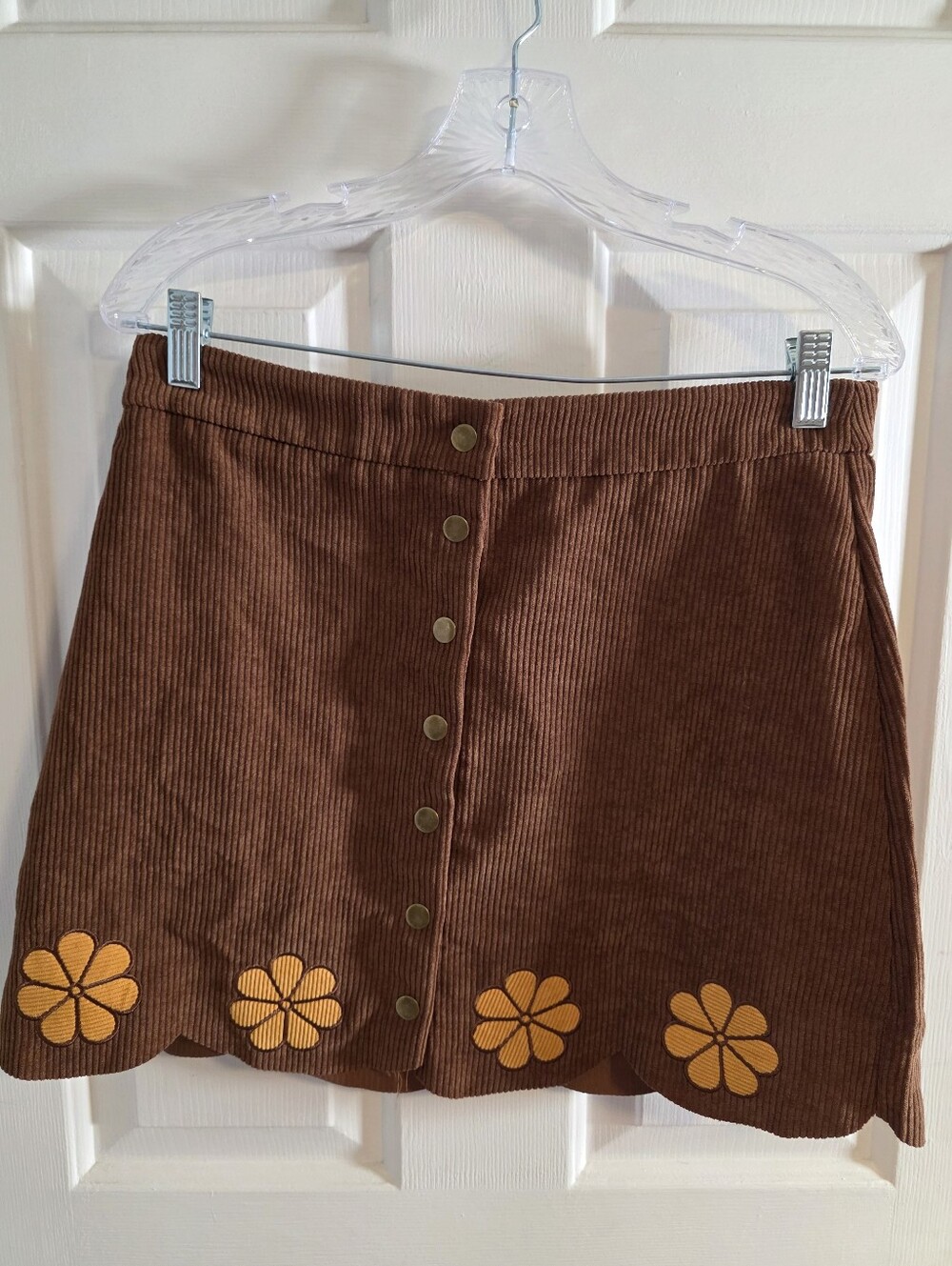 SHEIN Brown Corduroy A-Line Mini Skirt with Yellow Floral Trim Size Large